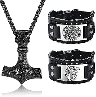 ADRAMATA Viking Necklace Viking Bracelets for Men Amulet Jewelry Thors Hammer Necklace Norse Vegvisir Viking Bracelet Wolf Fenrir Bracelet Mjolnir Necklace Set