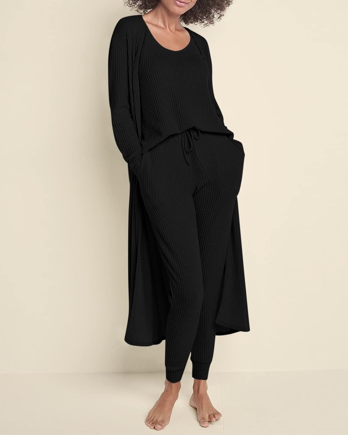 Eurivicy Womens Lounge Set Waffle Knit 3 Piece Pajama Sets Tank Tops Loose Pants with Long Cardigan Loungewear 2025 - Image 2