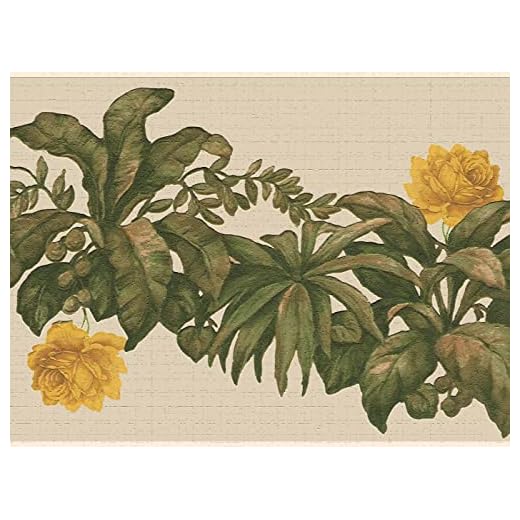 Dundee Deco DDAZBD9274 Dra av och klistra på tapetgränsen – abstrakta gröna gula blommor och växter väggkant retro design, 4,57 x 17,78 cm, självhäftande