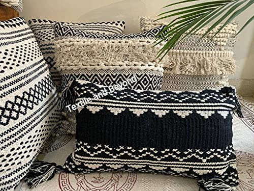 Image of Cushion - Boho Handloom Cotton Throw Cushion Covers Set of 5, 16X16 inches - Decorative Pillow Cases Sofa, Couch, Chair, Kitchen, Bedroom, Room,