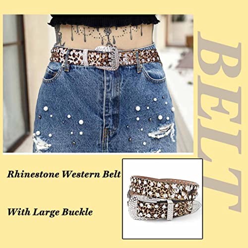 Leopard Rhinestone Belt for Women Western Cowgirl Bling Crystal Studded Leather Belt for Jeans Pants3