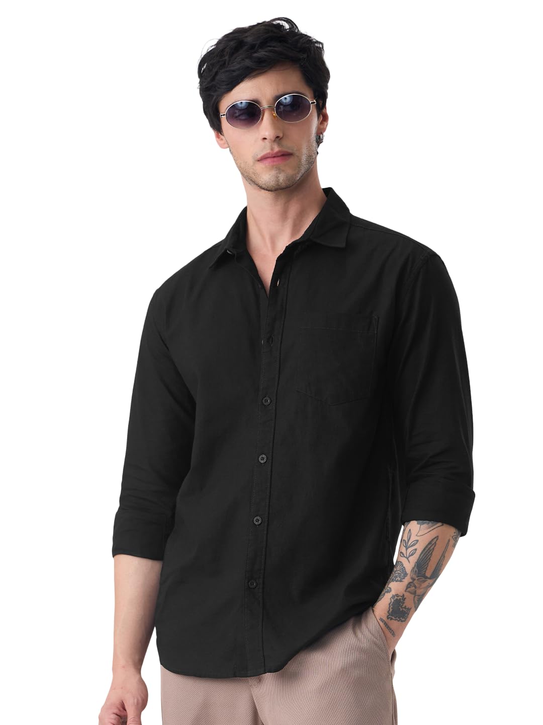 The Souled Store Men's Black Cotton Linen Shirt Soft Black - Image 1