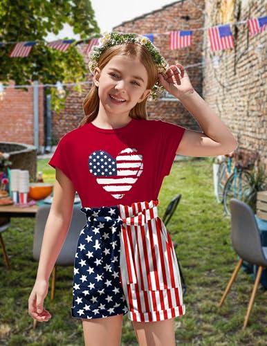 Image of Arshiner Girls 2 Piece Outfit Summer Drop Shoulder Batwing Sleeve Tops and Paperbag Waist Shorts Set Cute Clothing Size 6-14