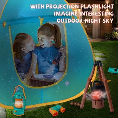 Qtioucp LY78 Kids Camping Set 50Pcs With Tent & Space Projector Flashlight- Outdoor Campfire Toy Set For Toddlers Kids - Pretend Play Camp Gear Tools thumb #1