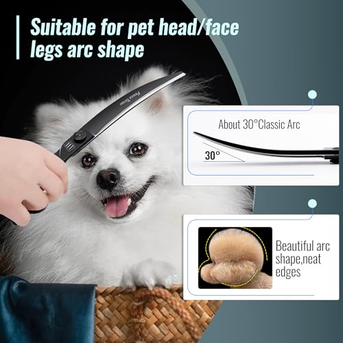 Dog Grooming Scissors: 8″ Curved Pet Shears Made Of Japanese 440C for Trimming Dogs Cats and Other Pets Face and Paws Black Dog Grooming Scissors: 8″ Curved Pet Shears Made Of Japanese 440C for Trimming Dogs Cats and Other Pets Face and Paws Black