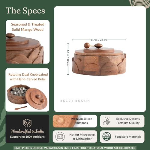 Image of Brick Brown Wooden Dial Masala Box with Lid | Spice Box Organizer Storage Box with 7 Stainless Steel Containers & Wooden Spoon | Hand-Carved Masala Dani Spice Rack for Kitchen 8.5x 8.5 x 4.5 Inch