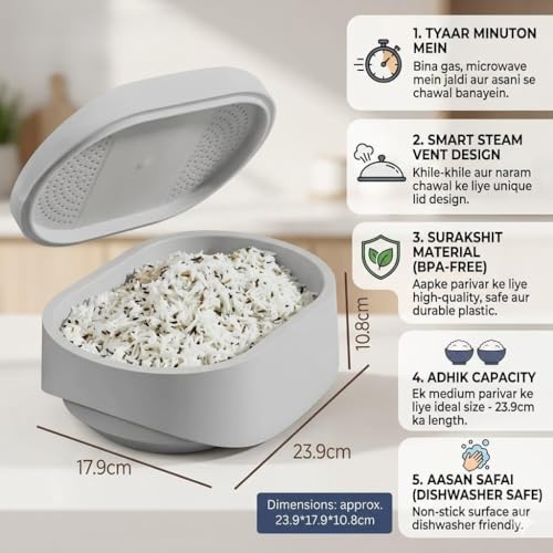 Image of Microwave Rice Cooker with Strainer - Easy & Quick Rice Steamer Pot for Microwave, Durable BPA-Free Home, Traveling, Kemp, Hotel Use Microwave Rice Maker for Steaming Rice (pack of 1)