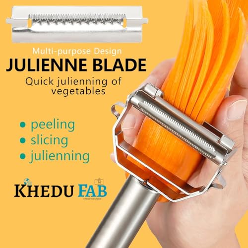 Image of Khedu Fab 2-in-1 Stainless Steel Vegetable & Fruit Peeler - Julienne & Serrated Blades - Double-Edged Swivel Design for Bidirectional Peeling - Ergonomic Handle - Dishwasher Safe (Pack of 1)