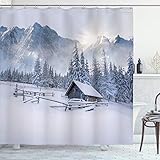 Ambesonne Mountain Shower Curtain, Old Farm House by The Mountain in The Winter Season Cold Times in...