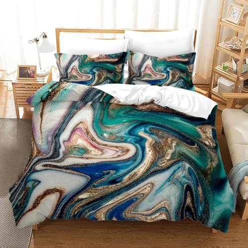 Housse de couette marbrée bleu vert blanc en parure de lit moderne - 2