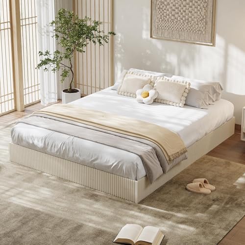 Image of GarveeHome King Size Bed Frame, Wood Platform Bed, Fluted Bed Frame, Minimalist Bed Base with Low Profile Design, Noise-Free, Easy Assembly, No Box Spring Needed, Cream White