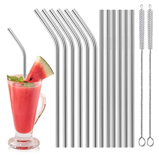 Gvolatee Pajitas Reutilizables Acero Inoxidable 12 Piezas (6 Rectas + 6 Curvas), Pajitas Comestibles de 21 cm con 2 Cepillos de Limpieza, Leche Helada,Pajitas Metal para Cócteles, Batidos