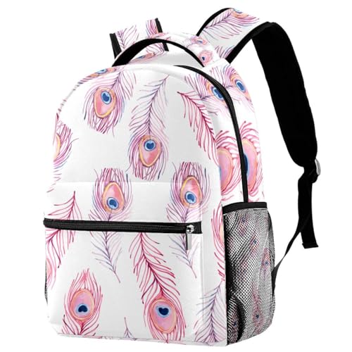 Sac à dos d'école plumes de paon rose et multicolore 29x20x40 cm