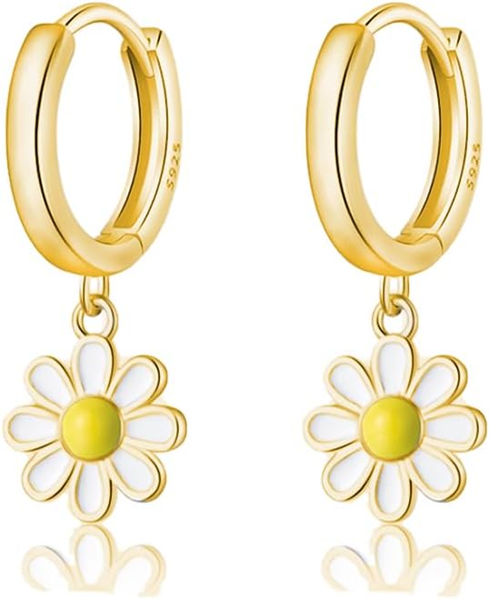 SLUYNZ 925 Sterling Silver Daisy Flower Hoop Earrings for Women Teen Girls Small Daisy Huggie Earrings Drop