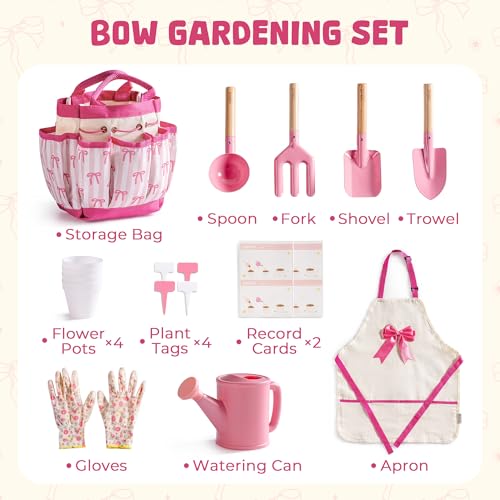 Image of ROBUD Kids Gardening Set 18 PCS Bow Theme Garden Tools for Kids with Storage Bag, Apron, Waterproof Gloves, and Planting Cards - Educational Outdoor STEM Gardening Toy Gift for Girls and Toddlers