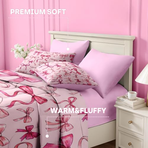 Image of Nesker Bow Comforter Set Full Size, 7 Pieces Bed in a Bag, Pink Watercolor Bow Bedding Set for Girls, Coquette Bows Comforter Set with 2 Pillowcases & 2 Shams