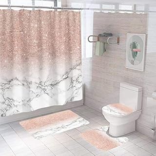YUAOEUR Pink Marble Shower Curtain Set 4 Pieces Bathroom Marble 3D Printing Girl Rose Gold Shining(No Glitter) Fabric Curtain with Rugs and Bath Mat Accessories