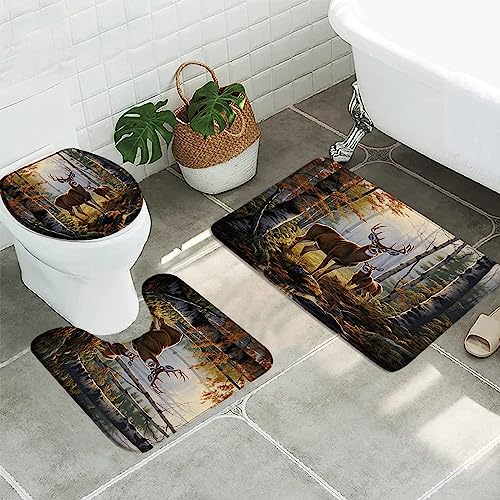 3pcs Forest Deer Bathroom Sets with Non-Slip Rug,Toilet Lid Cover and Bath Mat,Autumn Wildlife Elk Trees Farmhouse Cabin Hunting Camping Country Nature Scenic Bathroom Carpet Bath Mat Toilet Rugs