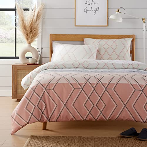 Olivia Rocco Havanna Geo Duvet Cover Set Easy Care Quilt Bedding Sets With Pillowcases Luxury Cotton Blend Reversible Ultra Soft Bed Covers, Pink Double