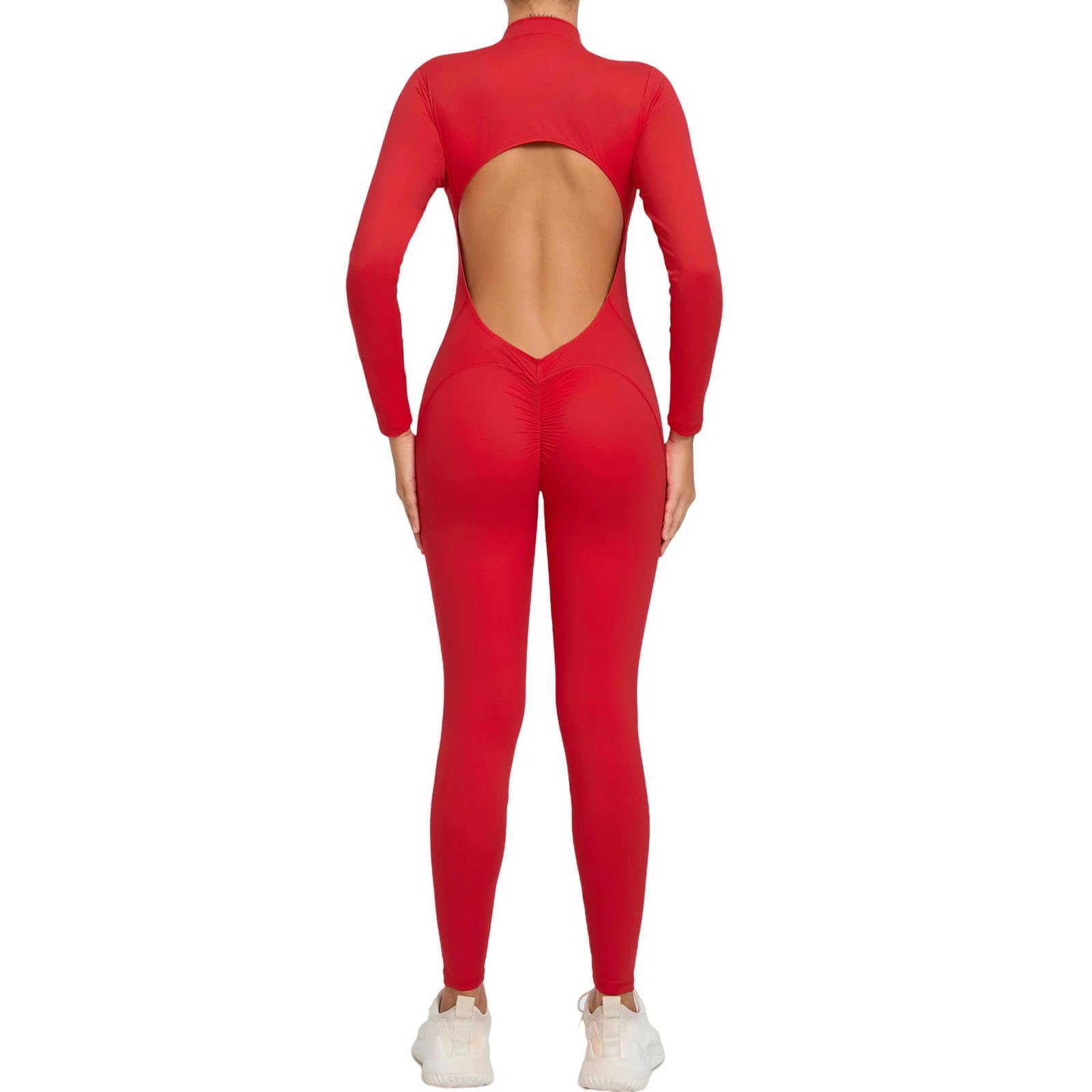 Medias Mujer Mujeres Ropa Deportiva Traje De Yoga con Cremallera Manga Larga Atrás Outfit Abierto Gimnasio Apretado Una Sola Pieza-Rojo-s
