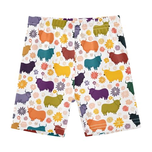 Colorful Yak Flowers Pattern Girls Shorts Elastic Waist Sports Shorts Girls Leggings Pants for 4-10 Years