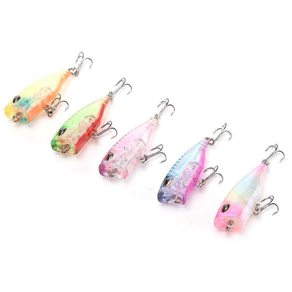 5 pezzi in plastica mini popper esche, esche da pesca galleggiante da 4 cm con sfere in acciaio tintinnante ganci acuti per pesca d'acqua salata d'acqua dolce