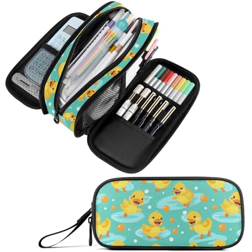 Image of Fustylead Cute Yellow Duck Playing on The Water Large Pencil Pen Case Stationery Bag 3 Compartments School College Office Organizer