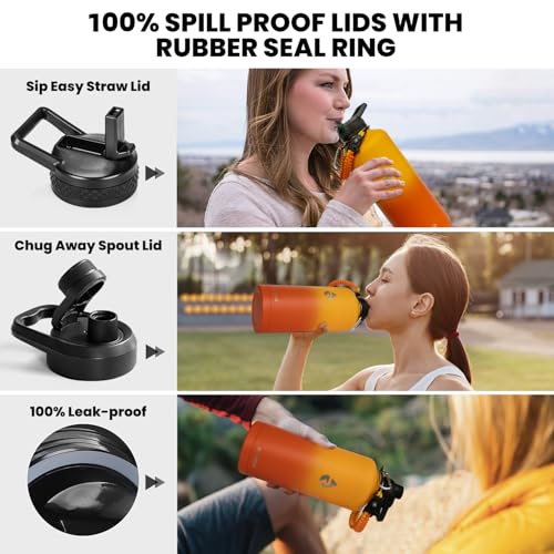 Image of RAYMYLO Insulated Water Bottle 87 oz, Triple Wall Vacuum Stainless Steel (Cold for 48 Hrs), Leak Proof & Non-BPA, Modern Water Flask Jug with Paracord Handle & Straw Spout Lids, Ombre Orange