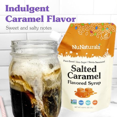 NuNaturals Stevia Syrup, Sugar-Free Sweetener, Plant-Based Sugar Substitute, Zero Calorie, Salted Caramel, 6.6 oz (3-Pack)