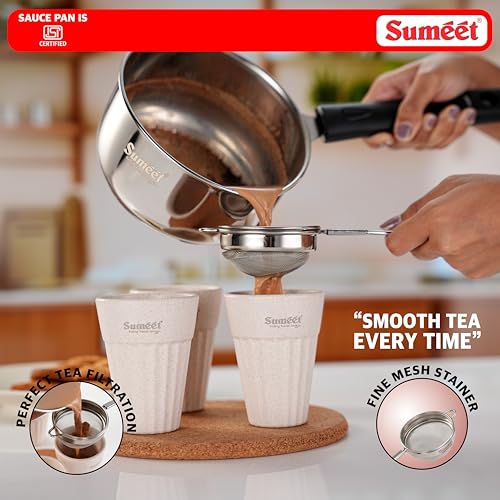 Image of Sumeet ISI Certified Stainless Steel Induction & Gas Stove Friendly Saucepan /Milk Pan /Tea Maker - 800ml with Stainer & 4Pc Tea Cups Made of Husk - 200ml Perfact Tea Set Combo