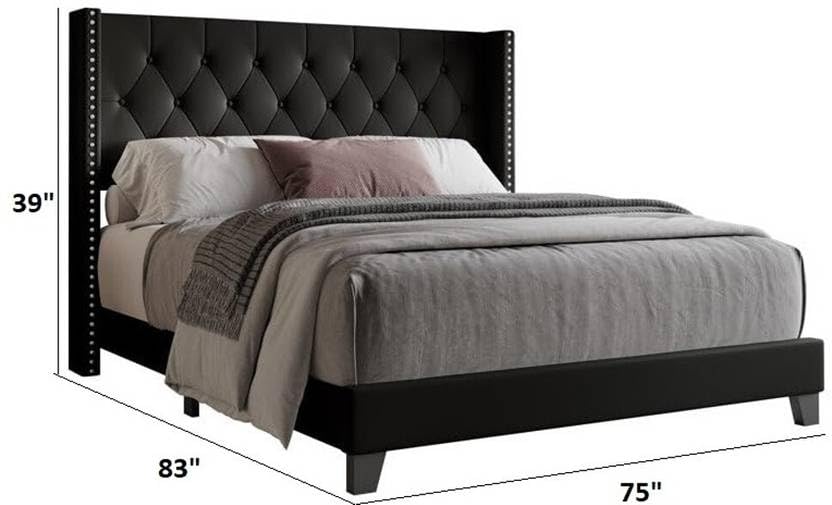 Image of Custom Decor Fabric Upholstered King Size Bed with Button Tufted Headboard for Bedroom || Solid Wood Bed | (Black Waylen, King (U.K. Standard))