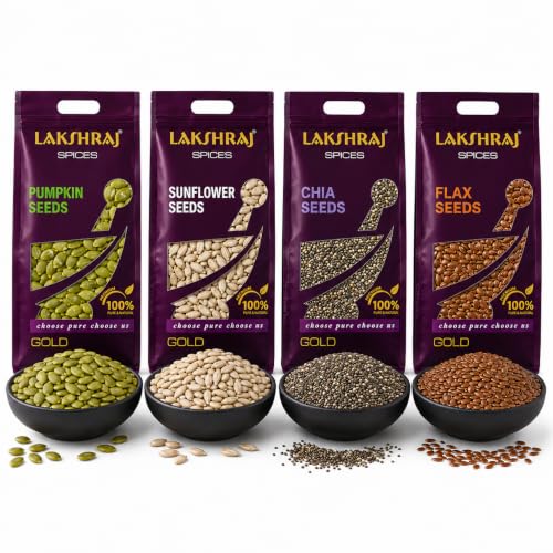 Image of LAKSHRAJ SPICES Healthy Premium Pumpkin Seeds, Chia Seeds, Flax and Sunflower Seeds, Quality for Cooking, Seasoning, and Spices (1 KG Each, Superfood Combo)