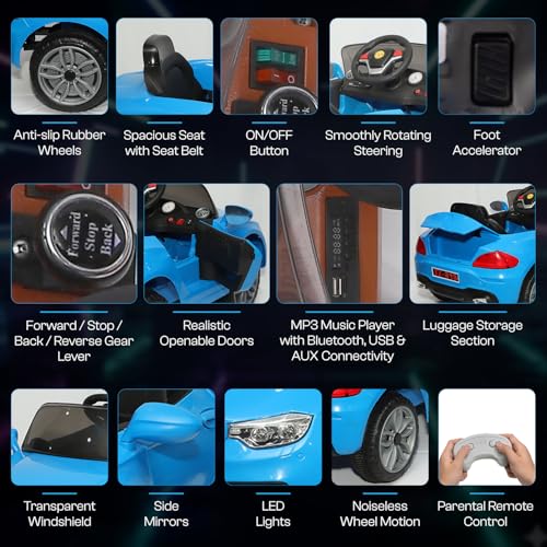 Image of Toyzone Zee-4 Electric Car (Blue) | 12V Rechargeable Car for Kids with 4.5ah Battery | LED Lights, Music, MP3 /USB /BT | Smooth Acceleration | 6M Battery Warranty | Age 2-9 Years, Upto 35 kg