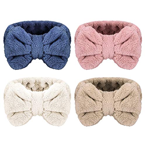 Senkary 4 Pack Microfiber Bowtie Headbands Soft Makeup Headbands Bow Hair Band Face Wash Spa Shower Headbands for Women and Girls (White, Blue, Pink, Brown)