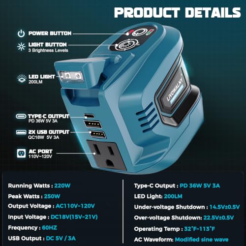 Image of LIVOWALNY 220W-250W Power Inverter Compatible with Makita 18V Battery, DC 18V to AC 110-120V Power Station with 1 AC Outlet, 2 USB, 1 Type-C & LED Light, for Camping Power Outage (No Battery) (2-Pack)