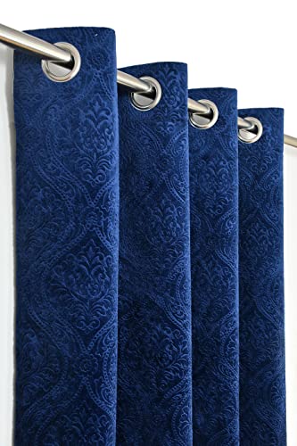 Image of Suede Velvet Embossed Room Darkening Door Curtain for Living Room, Bedroom, Hallway, 8 feet Long, Navy Blue, Set of 1