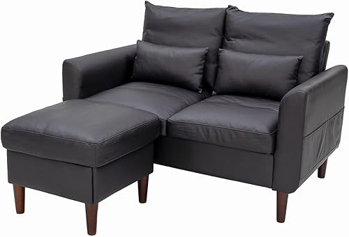 Miniatura 5 de Pnana - Sofá de 2 plazas con reposapiés, diseño de brazos curvos con bolsillos laterales de almacenamiento, piel sintética negra (cuero negro, 2