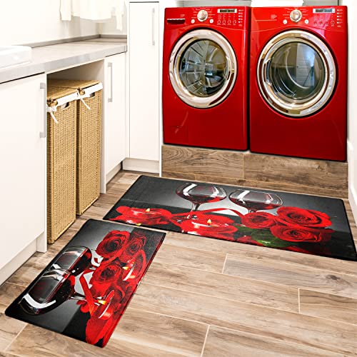 Fnlndo Red Wine Kitchen Rugs And Mats Set Of 2 Modern Rose Anti Fatigue Kitchen Floor Mat Non-Skid Washable Kitchen Runner Rug For Kitchen Sink Laundry (Red, 17.5"X29.5"+17.5"X47") #TOP6