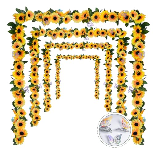 Image of 8 Pack Artificial Sunflower Garland Decor,Sunflower Outdoor Hanging Sunflower Vines with Green Leaves,Silk Flowers Sunflower for Tables Centerpieces Party Birthday Garden Wedding Decor