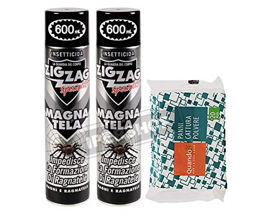 ZIG ZAG 2XSpecialist MAGNA TELA Insetticida per ragni impedisce la formazione di ragnatele 600ml+ più 20 pezzi panni cattura polvere.