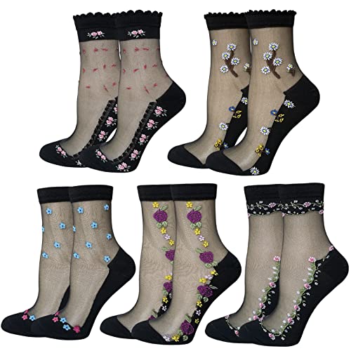 Image of DXYAKY Sheer Mesh Transparent Socks for Women Ultra-thin Lace Fishnet See Through Ankle Novelty Casual Floral Socks
