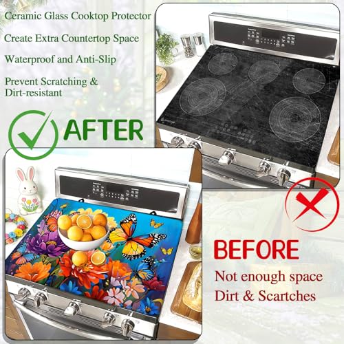 Image of Spring Stove Top Cover for Electric Stove 28 inchx 20 inch, Flowers Butterflies Heat Resistant Glass Top Stove Cover Protector, Glass Cooktop Covers, Kitchen Flat Electric Stove Top Covers