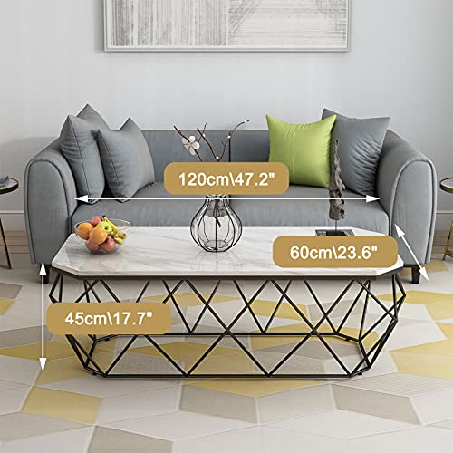 Marmor Couchtisch Niedriger Tisch Licht Luxus Modern Große Aufbewahrung Couchtisch für Zuhause Wohnzimmer Hotel Stabiler Eisenrahmen Schwarz 120 cm – Bild 3
