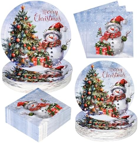 75 PCS Snowman Paper Plates & Napkins - Christmas Winter Party Dinnerware Set