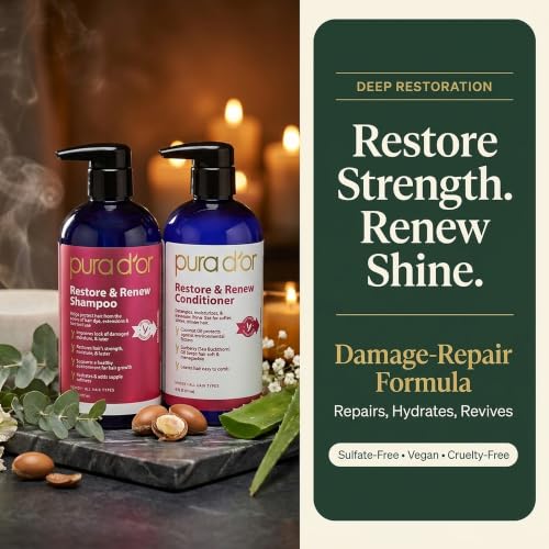 PURA D'OR Restore & Renew Shampoo and Conditioner Set for Strong, Healthy, and Nourished Hair with Organic Aloe Vera, Rosemary, Sea Buckthorn, Cacay, Coconut, Seaberry & Cedarwood - image 7