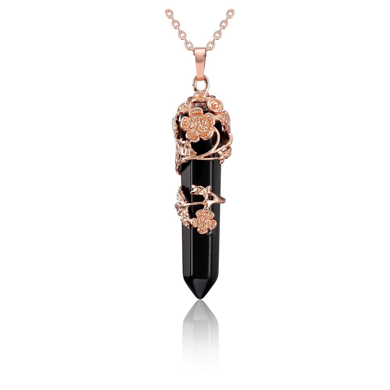 JOVIVI Black Agate Crystal Healing Pendant Necklace for Women, Vintage Rose Gold Flower Wrapped Hexagonal Gemstone Healing Point Chakra Stone Necklace Energy Balacing Jewellery Gifts
