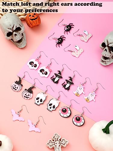 Rtteri 9 Pairs Pink Halloween Earrings Set Cat Bat Web Skull Halloween Jewelry for Women Party Gift2