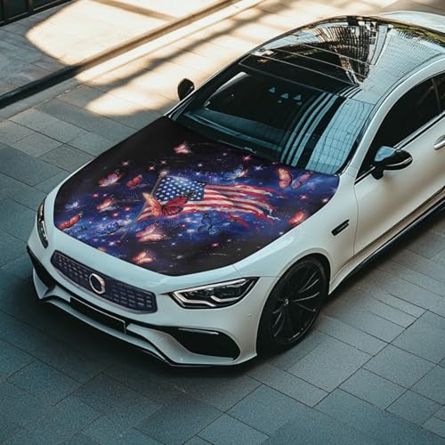 Image of American Flag Butterflys Car Hood Cover 59x39 Inch Car Hood Wrap Blankets Waterproof Stretchable Automotive Hoods Flag for Compact SUV Sedans Trucks