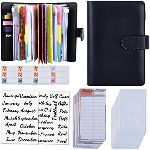 A6 Cash Envelope Budget Binder - Money Budget Wallet w/ 12Pcs Clear Envelopes, Expense Tracker Sheet & Stickers, Planner Notebook for Budgeting, Couponing, Black Money Saving Binder