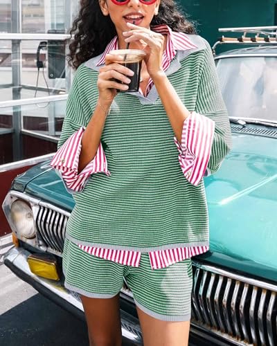 Image of Tankaneo Womens Sweater Set 2 Piece Outfits Oversized 3 /4 Sleeve V Neck Knit Tops High Waisted Shorts Lounge Sets